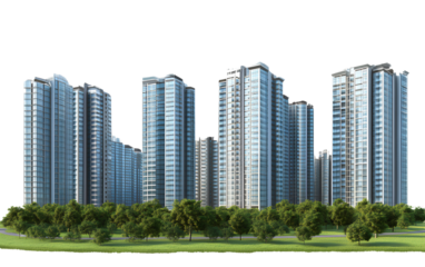 Modern high-rise building, architectural rendering, green grass in front of the tall buildings, transparent background, PNG format