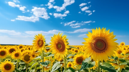 Obraz premium Sunflower field with cloudy blue sky. Sunflowers landscape