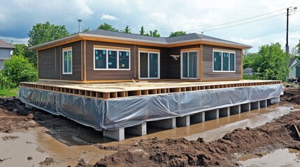 Fototapeta premium New house under construction, raised on concrete piers. Illustrates the foundation stage of home building.