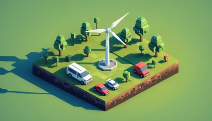 Digital 3D Isometric Illustration of Renewable Energy with Wind Turbine, Vehicles, Trees, and Grass in a Sustainable Eco-Friendly Environment