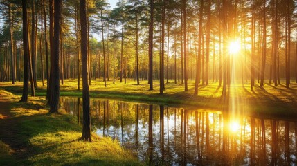 Serene Pine Forest at Sunrise with Reflections in Tranquil Water