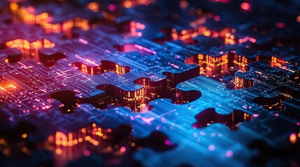 Microservices Integration: An abstract representation of puzzle pieces interlocking with circuit patterns, illustrating the concept of microservices integration in modern software architecture.