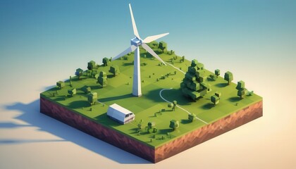 Obraz premium Wind Energy Landscape Featuring Wind Turbine, Green Grass, Trees, and Minimalist House in Isometric Design with Soft Blue Background and Bright Lighting