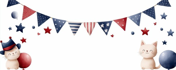Fototapeta premium Patriotic Cats Celebration with Bunting Stars and Balloons for Holiday Festivities and Cute Themes