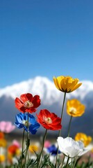 Obraz premium Vibrant Poppy Flowers Against Mountain Background