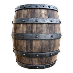 Obraz premium Rustic Wooden Barrel with Metal Bands and Rivets Close Up View