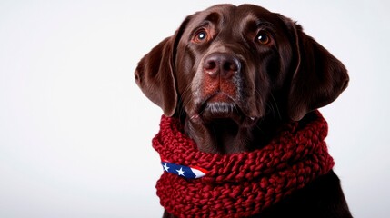Fototapeta premium Chocolate Labrador Wearing Red Knit Scarf Against White Background