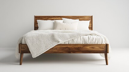 Mid-century Scandinavian wooden double bed with white blanket and pillows, symbolizing minimalist design and cozy living, perfect for interior design, bedroom concepts, and modern d??A(C)cor visuals.