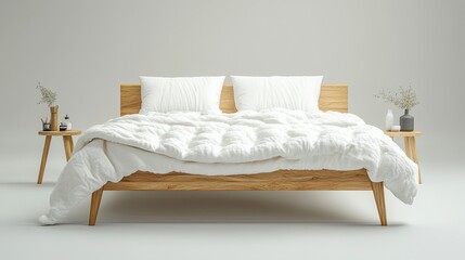 Mid-century Scandinavian wooden double bed with white blanket and pillows, symbolizing minimalist design and cozy living, perfect for interior design, bedroom concepts, and modern d??A(C)cor visuals.
