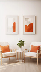 Modern Living Room Interior Two White Armchairs Orange Pillows Abstract Art
