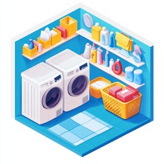 Modern Laundry Room Interior with Washer, Dryer, and Shelves Decor
