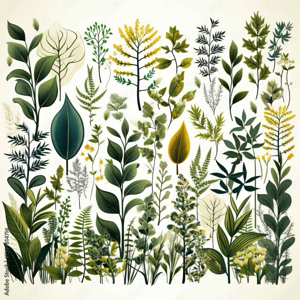 Poster Abundant collection of various plants displaying an array of leaf shapes, colors, and textures in a natural environment