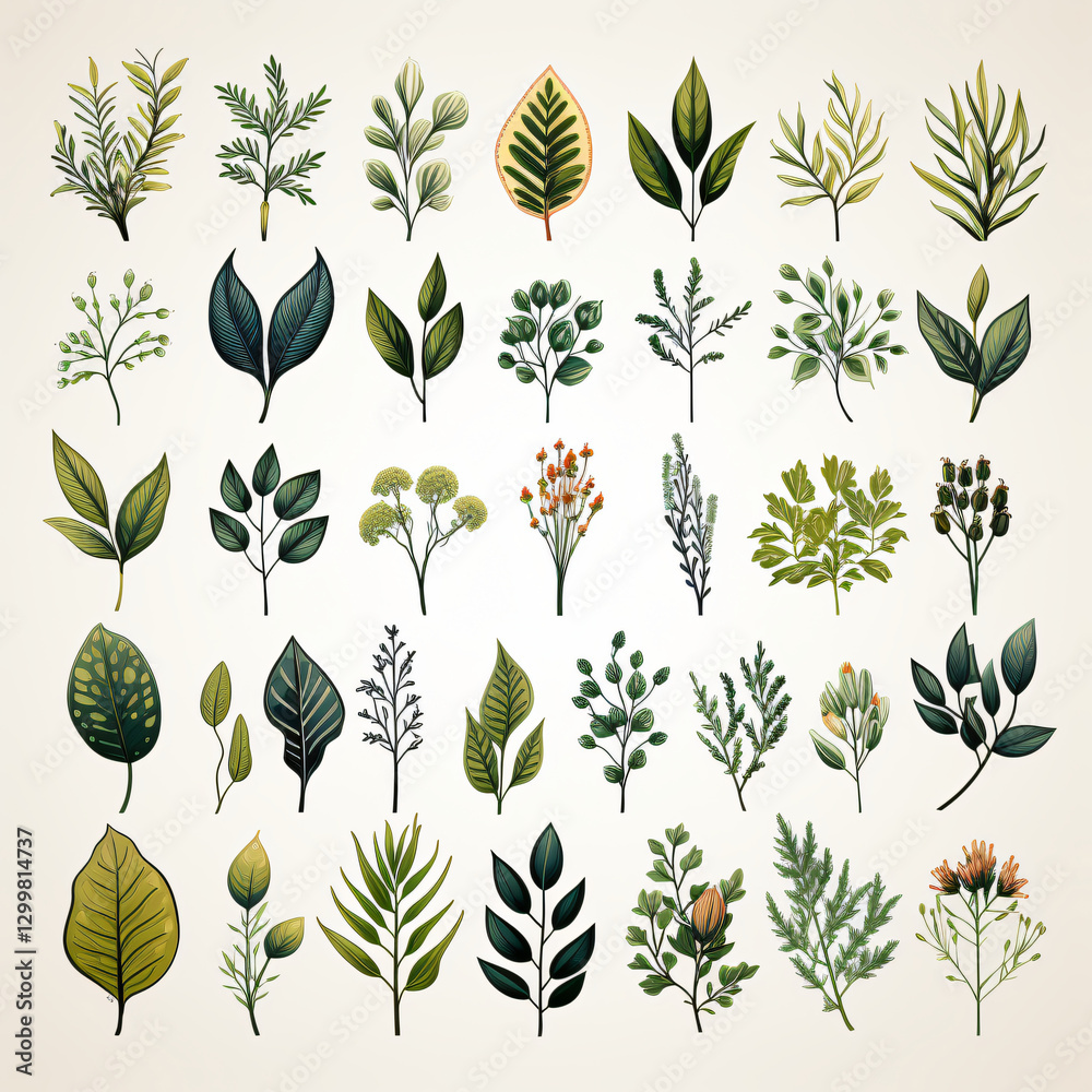 Poster assortment of different leaves displaying unique shapes, textures, and colors against a bright natur