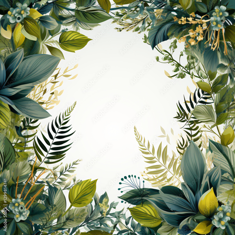 Poster decorative floral frame composed of green leaves and colorful flowers perfect for adding a natural t