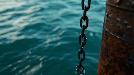 Chain Link Rust Sea Interplay Amidst Blue Hues Maritime Coastal Scene Weathered Marine Beauty