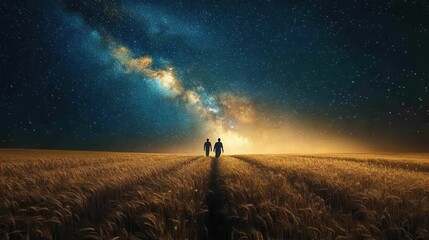 Fototapeta premium Two figures walk a field beneath a breathtaking Milky Way. Perfect for hope, journey, or adventure themes.