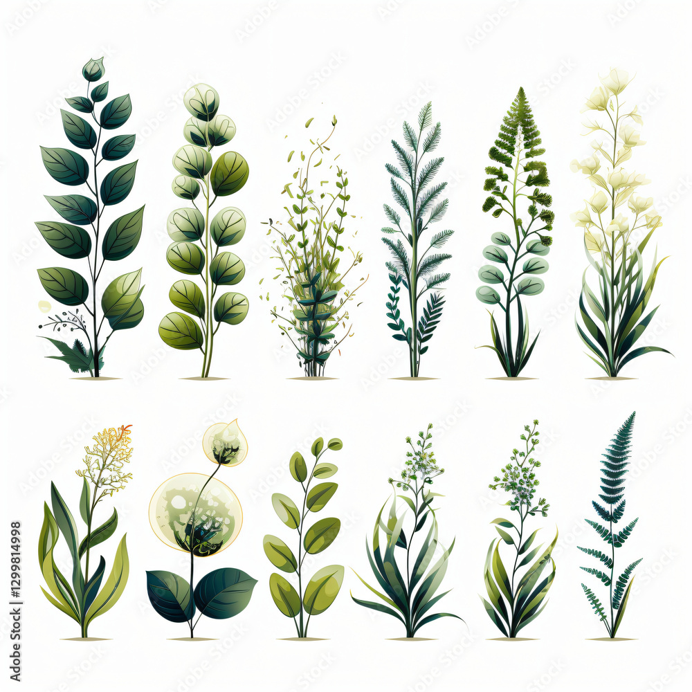 Poster a diverse collection of plants showcasing unique shapes and colors in a bright and inviting space