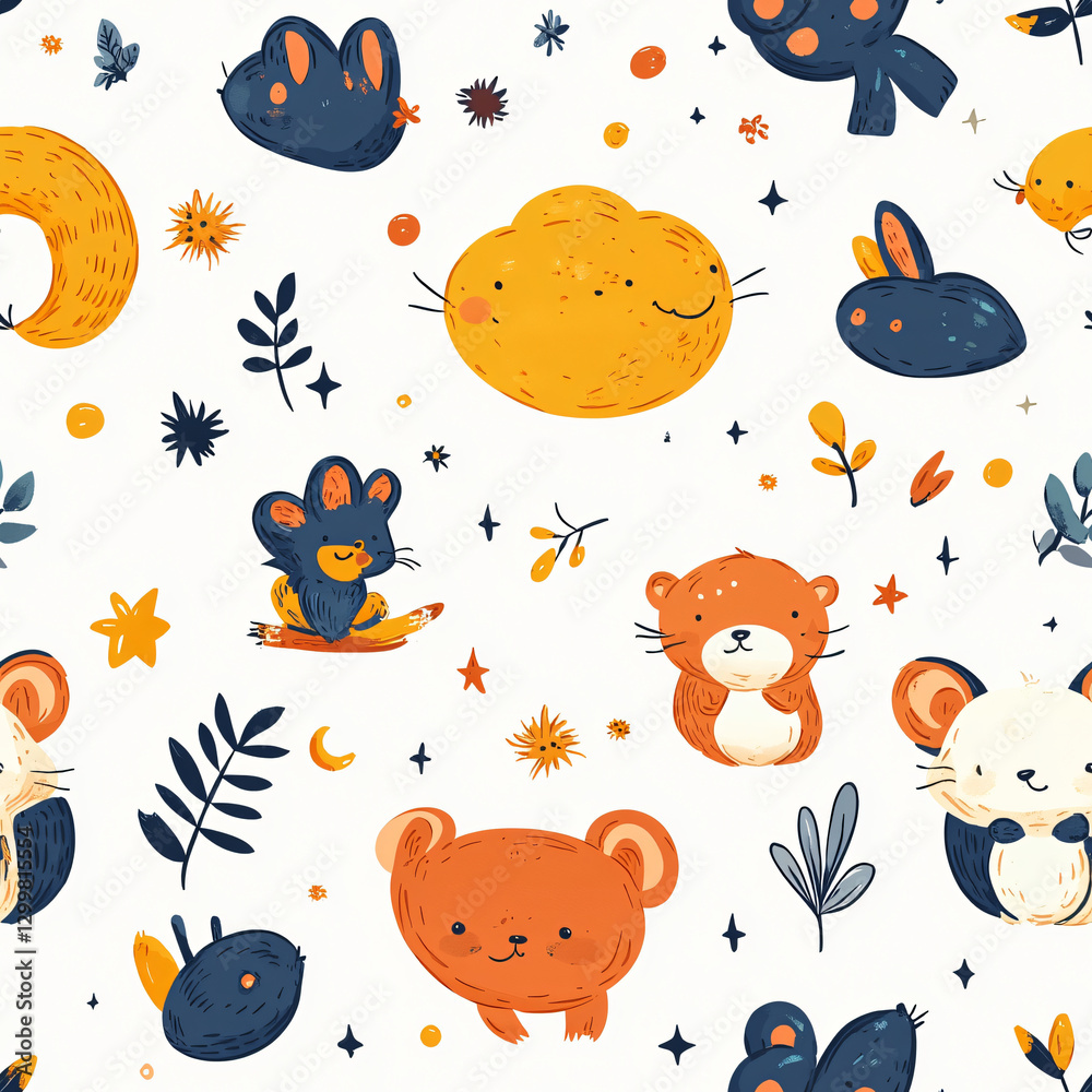 Poster Charming pattern featuring an array of cute animals including cats, dogs, and rabbits on a bright background