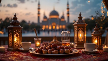 Obraz premium Ramadan Iftar Table with Lanterns, Dates, and Tea Against a Beautiful Mosque at Sunset – Spiritual and Peaceful Ramzanul Mubarak Atmosphere 