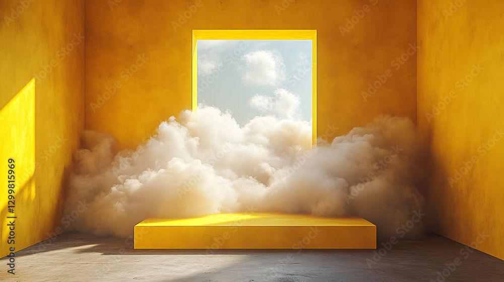 Poster cheerful yellow room with expansive sky view allowing bright natural light to fill the space creatin