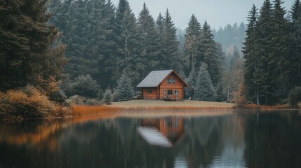 Fototapeta premium Serene Wooden Cabin Surrounded by Lush Evergreen Forest and Water