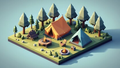 Fototapeta premium Colorful geometric representation of a camping scene with tents, campfire, trees, and outdoor elements in a serene forest setting, perfect for relaxation