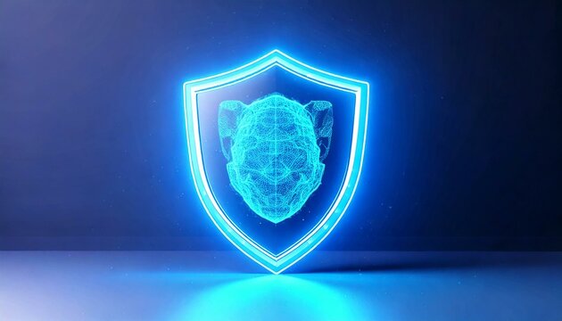 Cybersecurity event featuring digital shield and ai face protection virtual space graphic design futuristic concept