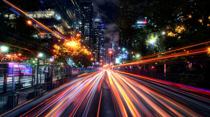 Obraz premium Urban Cityscape At Night With Long Exposure Traffic Streaks And Illuminated Buildings