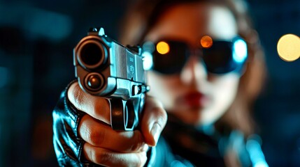 Woman Holds Firearm at Night with Sunglasses and Leather Jacket Emphasizing Power and Assertiveness