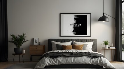 Mockup black poster frame and accessories decor in cozy white interior background