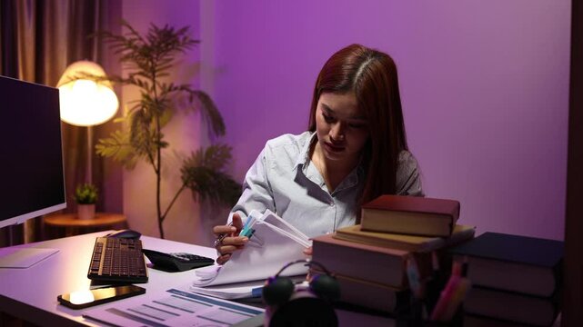 a businesswoman works late into the night because she has to deal with important contract documents that ned to be presented tomorrow, one of the employees worked overtime
