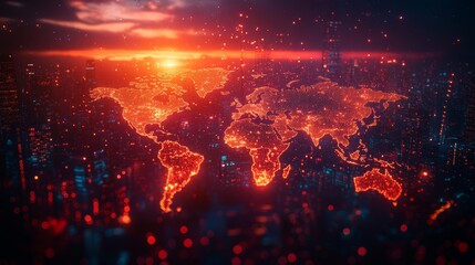 Glowing world map over futuristic city at sunset.