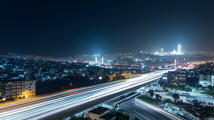 Obraz premium Aerial Night Cityscape View with Illuminated Roads and Buildings