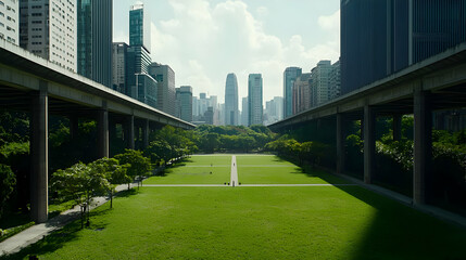 Green Urban Park Surrounded by City Buildings and Elevated Walkways Under Bright Daylight