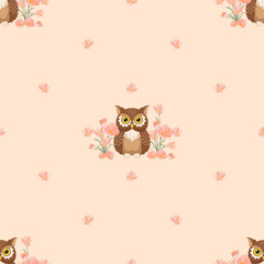 Brown Owl in Bloom Seamless Pattern. Brown Owl and pink flowers on Cream background. Seamless pattern for textiles, cards, wrapping, graphic design projects and more