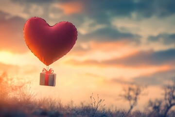 Fototapeta premium A surreal love concept with a heart-shaped hot air balloon lifting a tiny wrapped present.