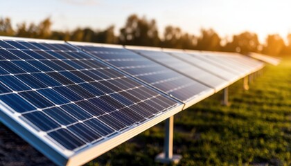 green tech carbon neutral electric concept. Solar panels glisten under the sun, showcasing renewable energy technology in a green field landscape.