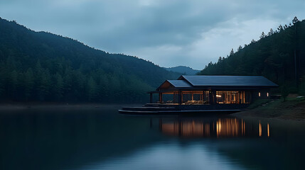 Obraz premium Wooden Lakeside House Illuminated Under a Cloudy Twilight Sky with Mountainous Backdrop