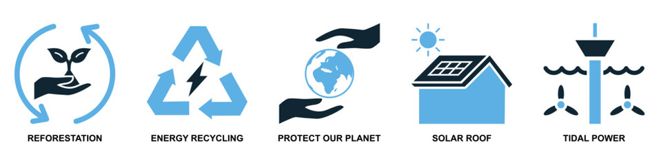 set of sustainable and ecology icon vectors featuring nature, recycling, renewable energy, and eco-friendly concepts. Ideal for environmental projects, green business