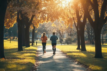 A happy couple jogging through a tree-lined park, experiencing the fresh air and morning sunshine while staying active and healthy.
