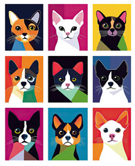 Fototapeta premium Colorful cat portraits on vibrant backgrounds