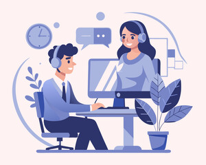 Online Job Interview Concept – Young Man in Headphones Talking to Female Colleague via Video Call – Vector Illustration