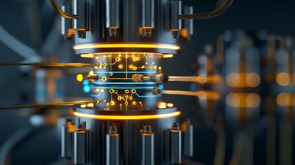 A futuristic quantum computer core with glowing golden circuits and superconducting qubits, intricate wiring suspended in a high-tech lab, soft blue and cyan lighting reflecting off polished surfaces