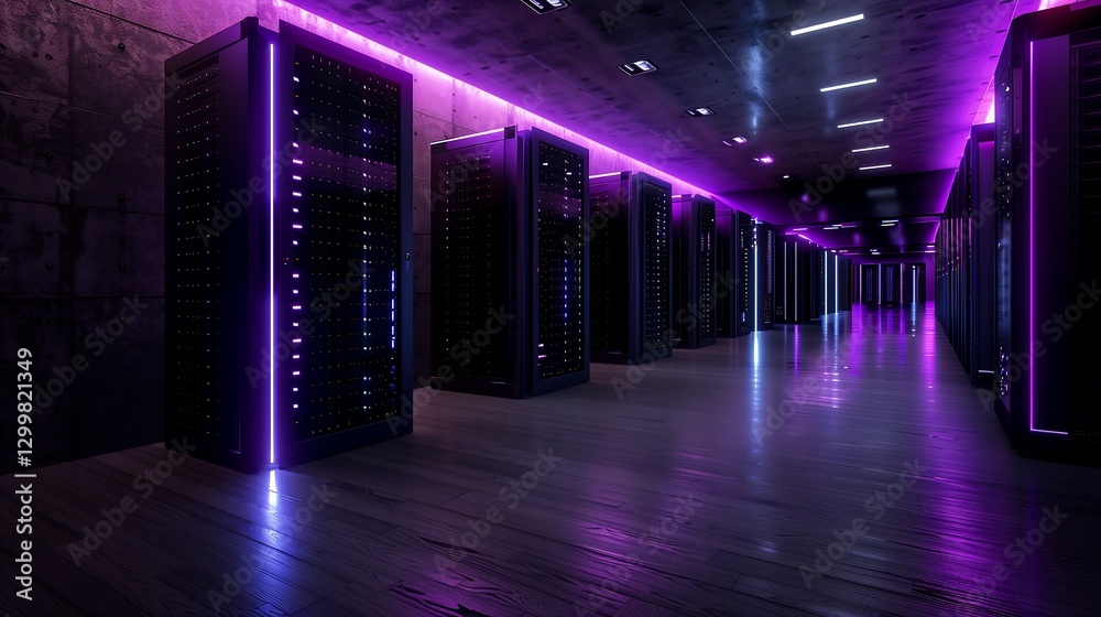 Poster a quantum computing data center filled with towering black server racks, illuminated by pulsating bl