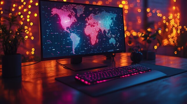 Illuminated desktop with world map displayed on monitor.