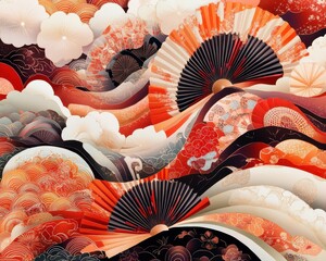 Dynamic waves of colorful fans abstract art digital illustration vibrant environment aerial view artistic concept