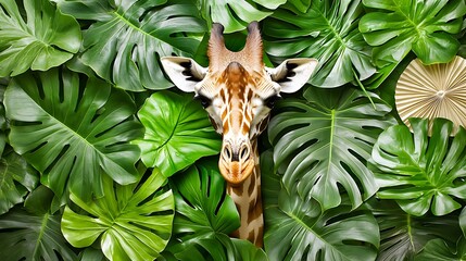 A curious giraffe carefully moving its head through a wall of tropical leaves, observing its surroundings with an alert expression