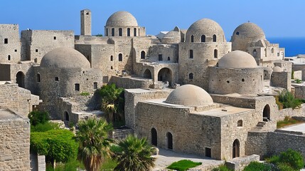 Ancient Stone Cityscape with Domes and Towers under Clear Blue Sky Architectural Heritage Scenery