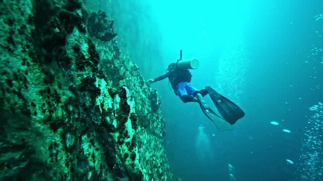 Scuba diving Barracuda lake limestone rocks in Philippines. tourism destination for snorkeling and scuba diving in Coron, Palawan. 