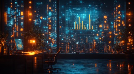 Futuristic office at night with city view and digital interface on window.